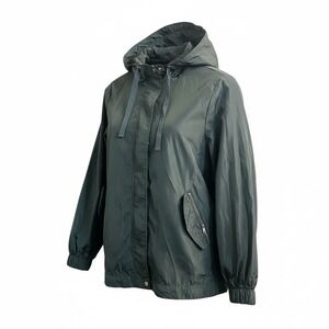 Ci Sono Womens M Olive Green Windbreaker Jacket Hood Drawstring Waist Zip Pocket